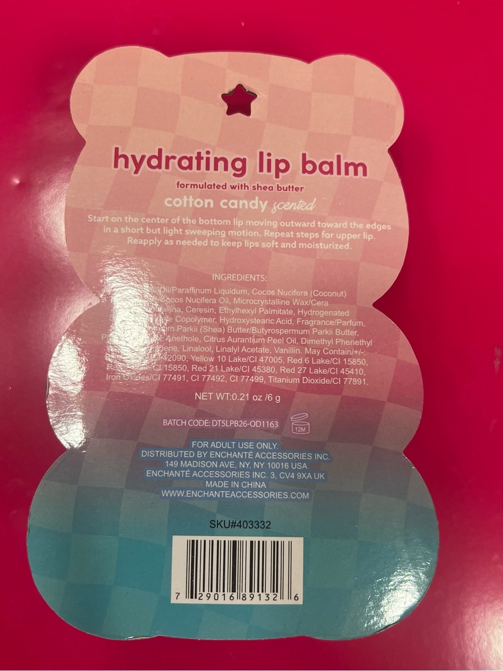 Just 4 Girls "BEARY CUTE" Bear Hydrating Lip Balm - Cotton Candy Scented NEW - Picture 2 of 2